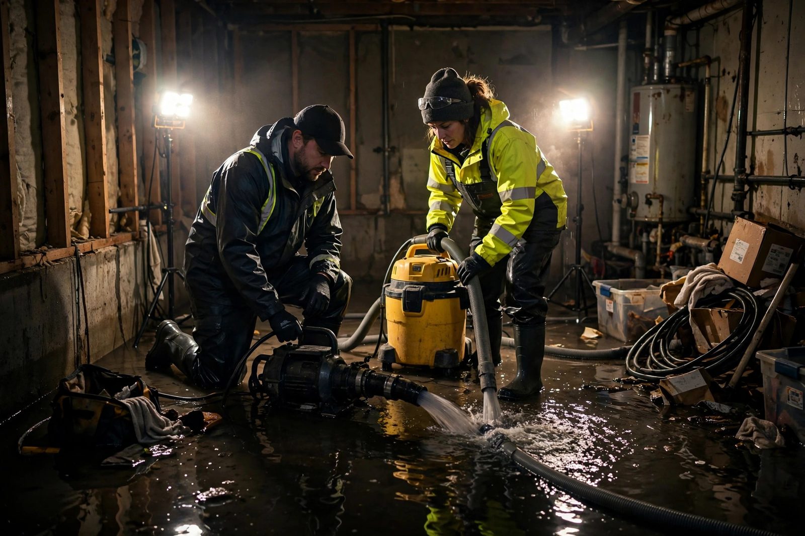 Workers extracting water from a flooded basement
