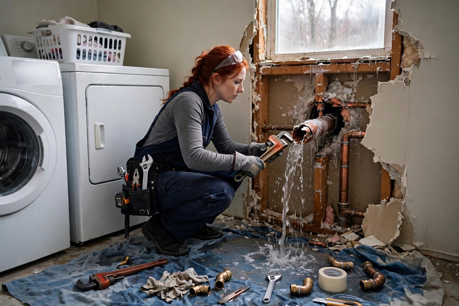 Female plumber repairing a frozen burst pipe behind an opened laundry room wall