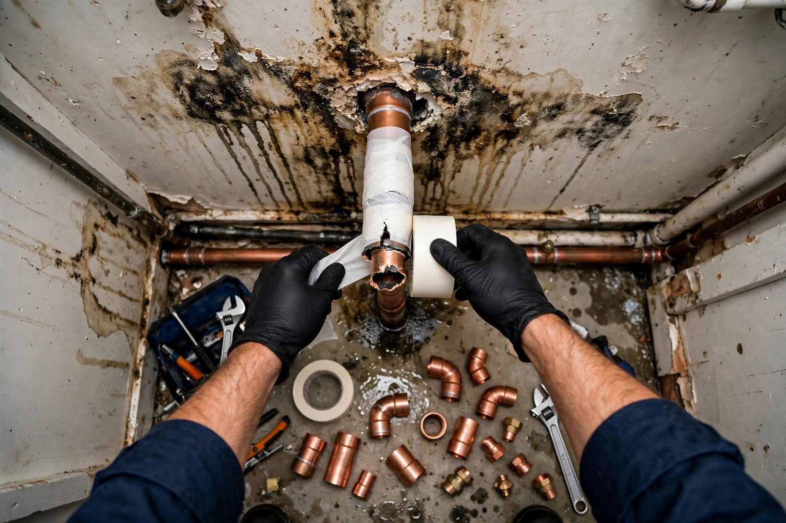 Overhead view of a plumber wrapping a burst pipe with insulation tape in a utility closet