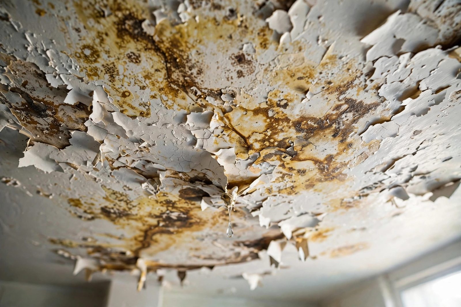 Close-up of bubbled peeling ceiling paint with yellow-brown water damage stains in a kitchen