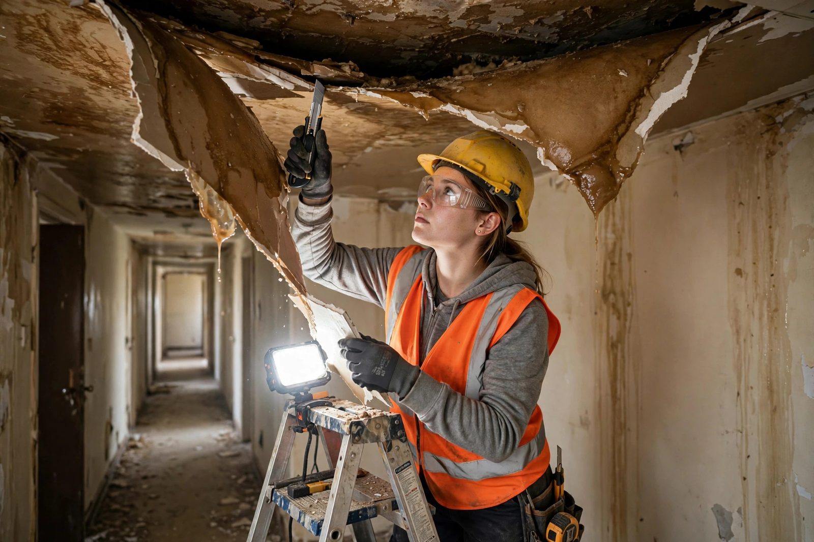 Female restoration technician in a hard hat cutting out a water-damaged section of ceiling drywall