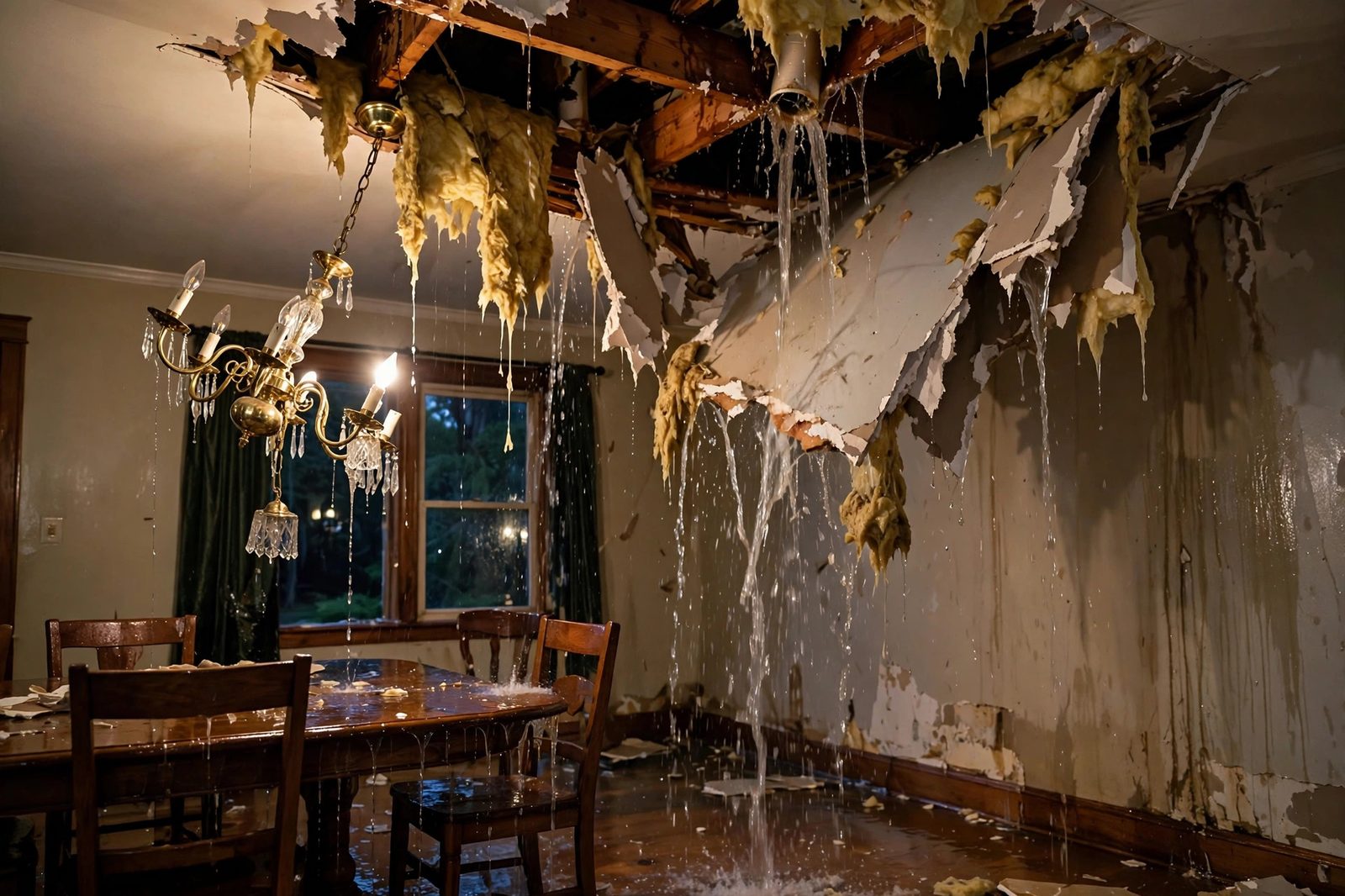 Collapsed ceiling drywall hanging down with exposed joists and soaked insulation after a pipe burst, water pouring into a dining room