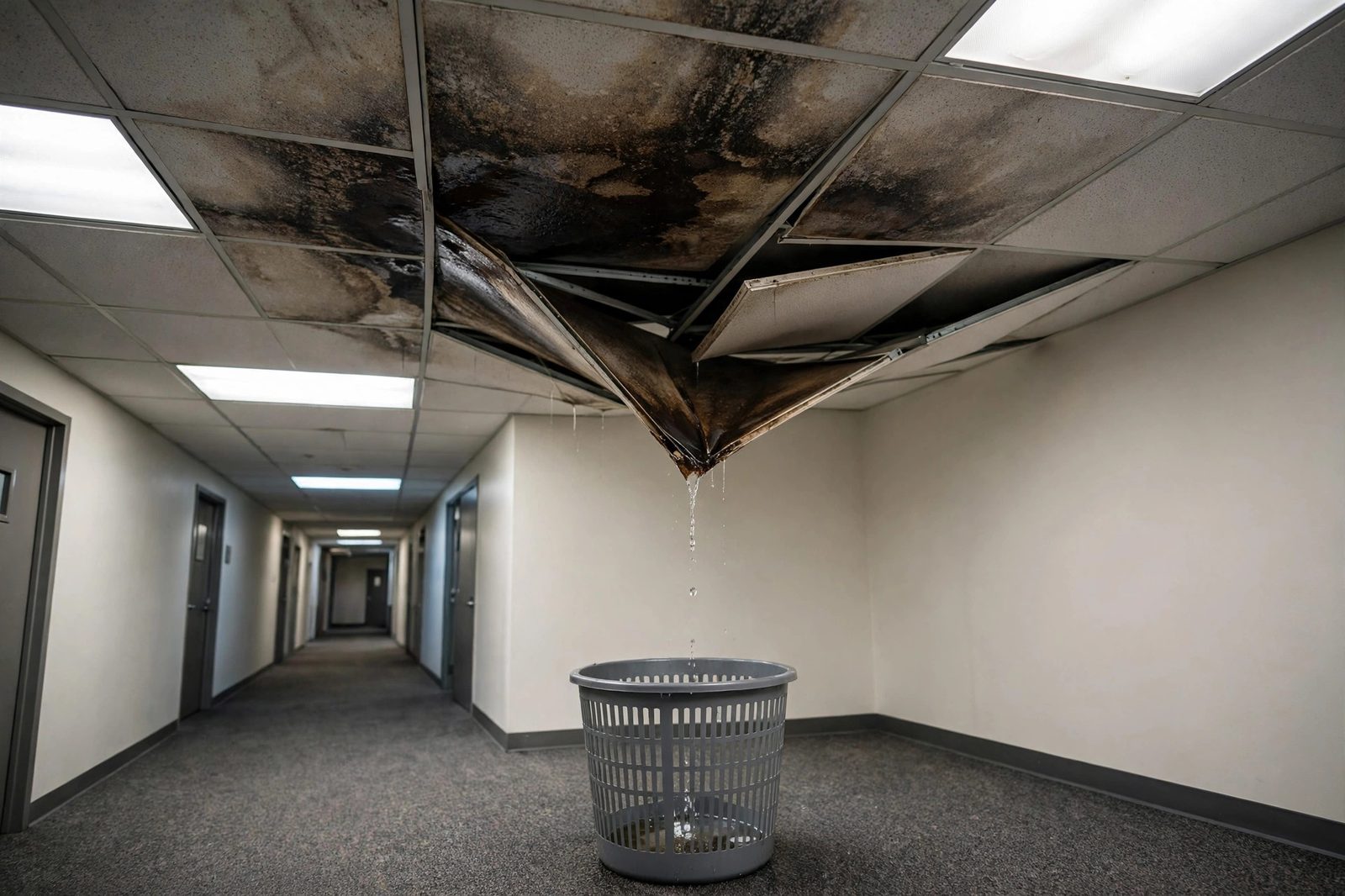 Commercial office hallway ceiling with a large dark water stain and bowing tiles dripping into a wastebasket