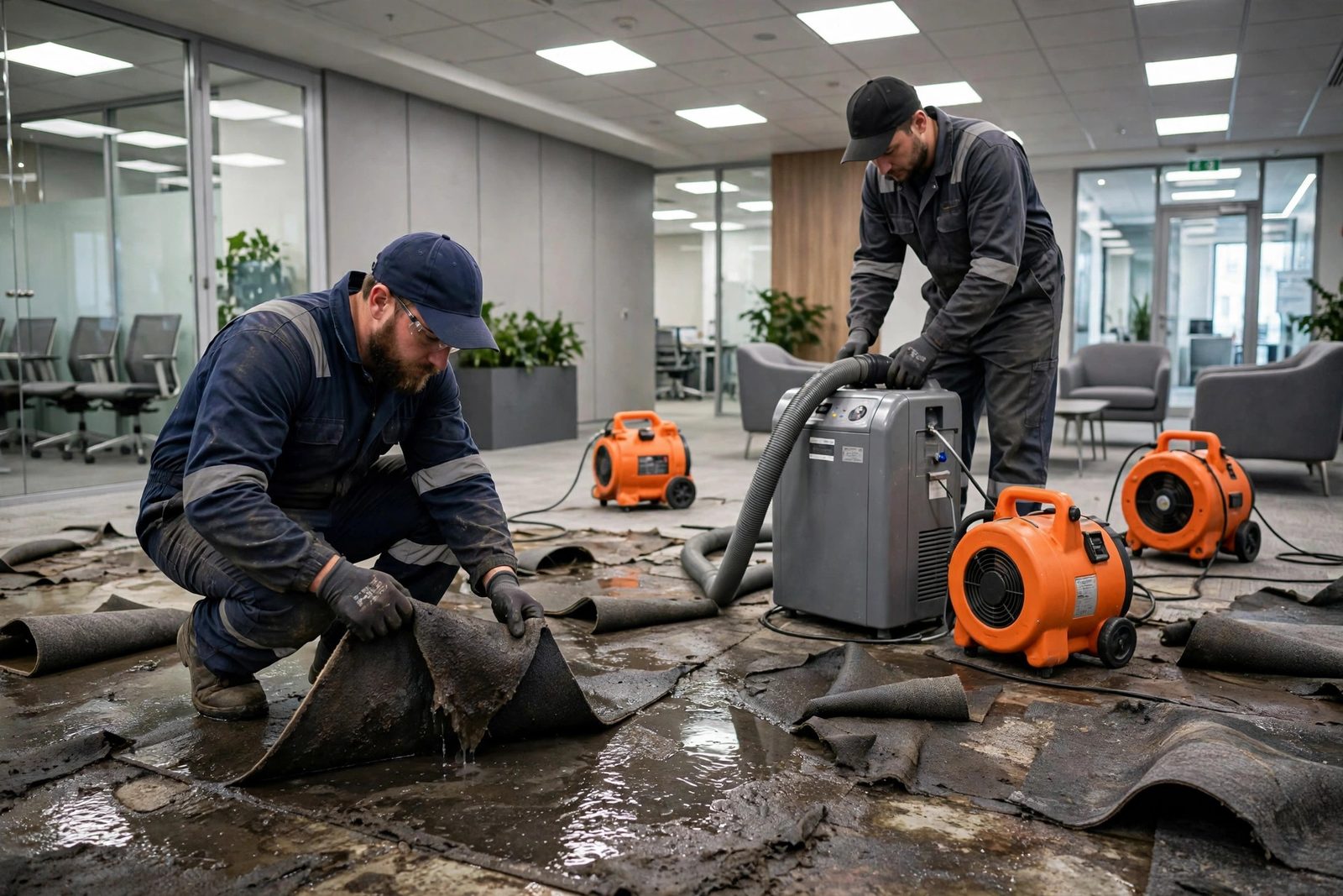 Two technicians setting up air movers and a dehumidifier in a modern office lobby with water-damaged carpet tiles