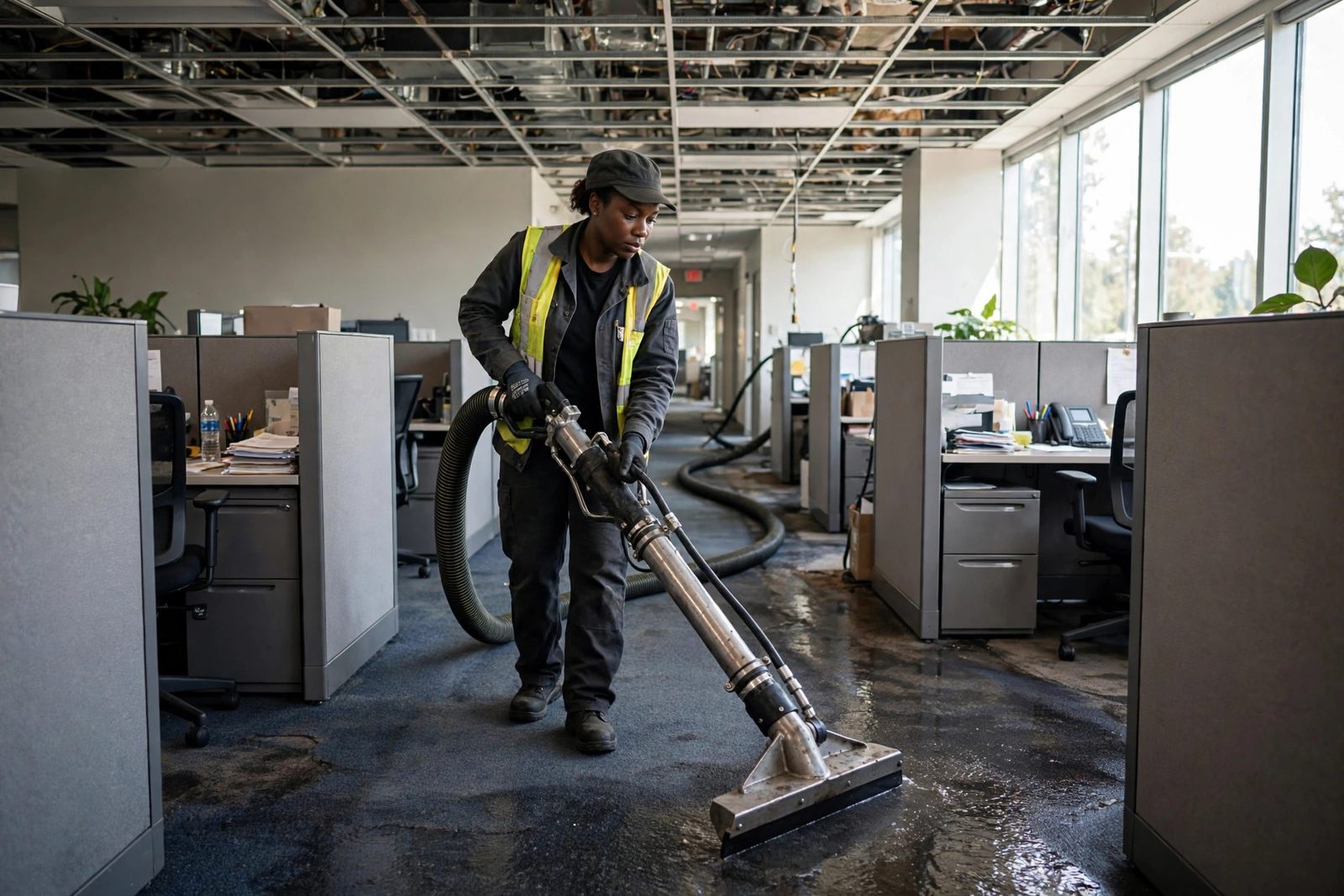 Technician running a water extraction wand across wet carpet in an office hallway