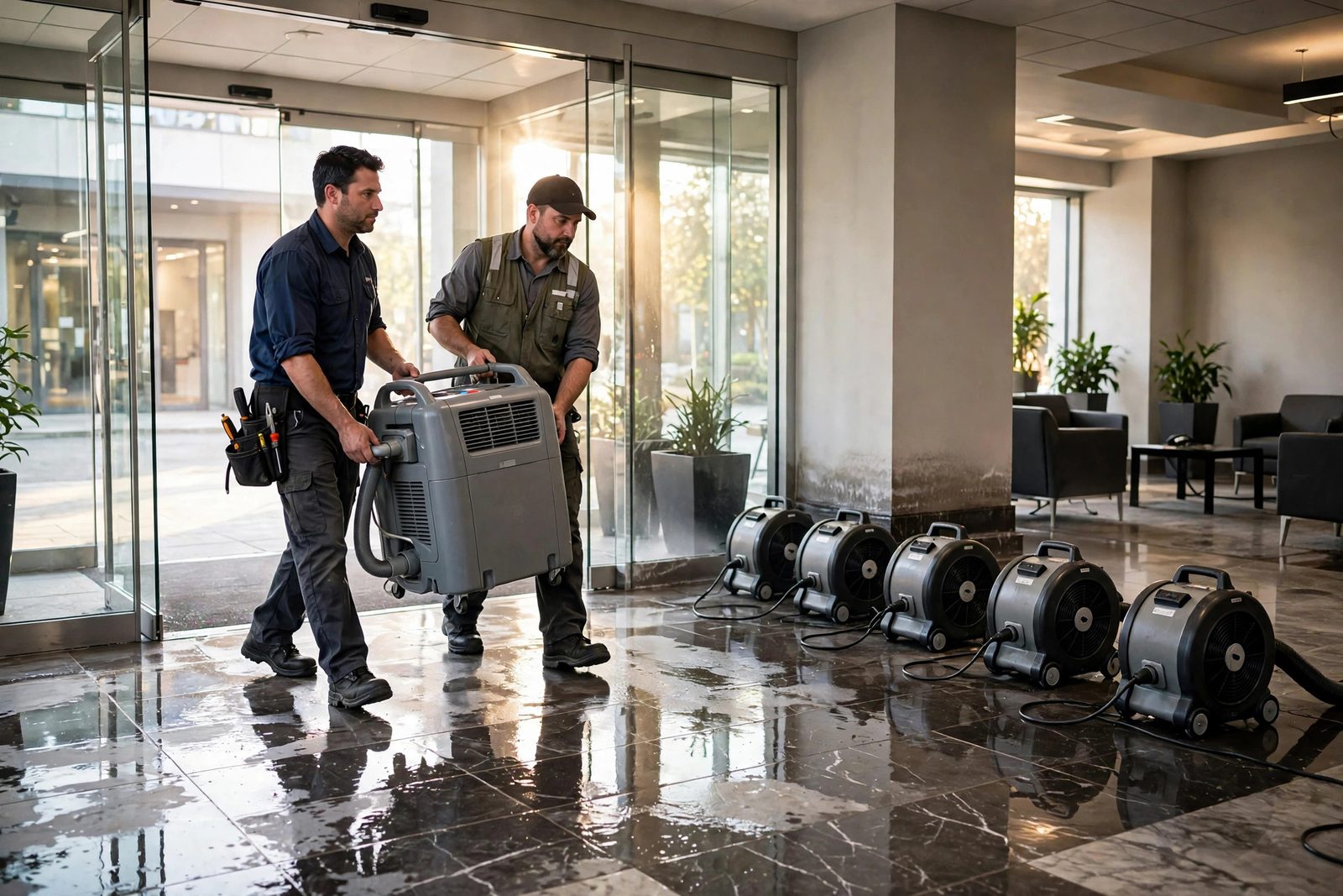 Two technicians carrying a dehumidifier into an office lobby with wet marble tile floor