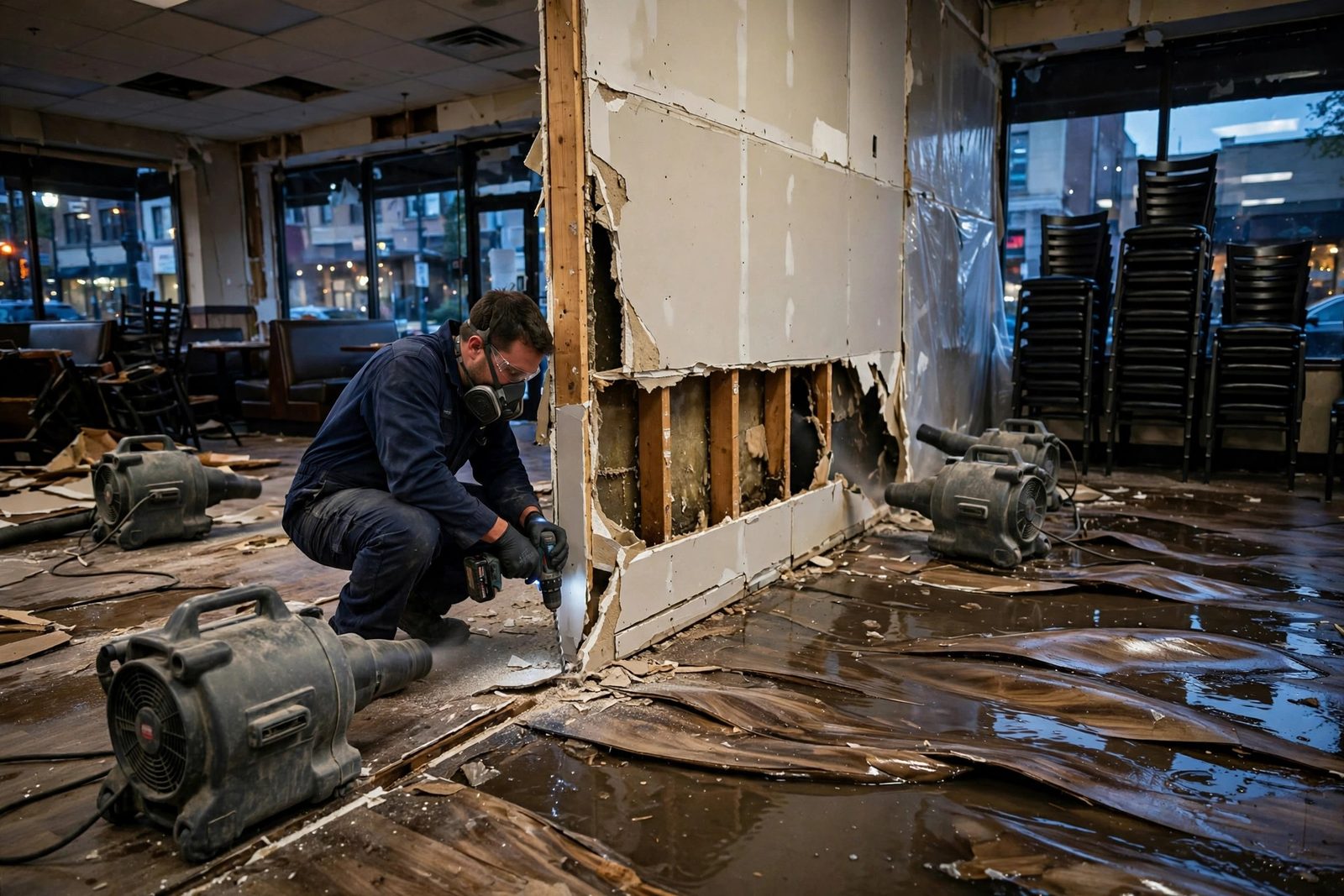 Technician cutting flood lines in water-damaged drywall inside an empty restaurant dining room
