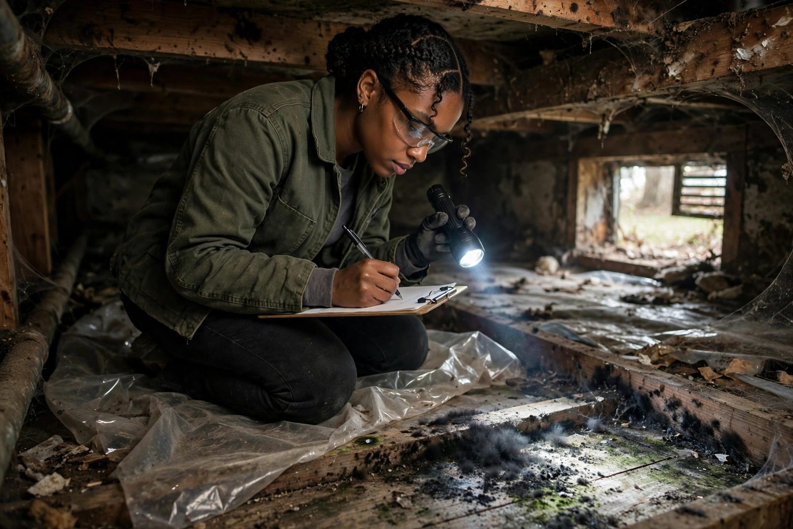 Female technician documenting mold growth on subfloor wood inside a cramped crawlspace