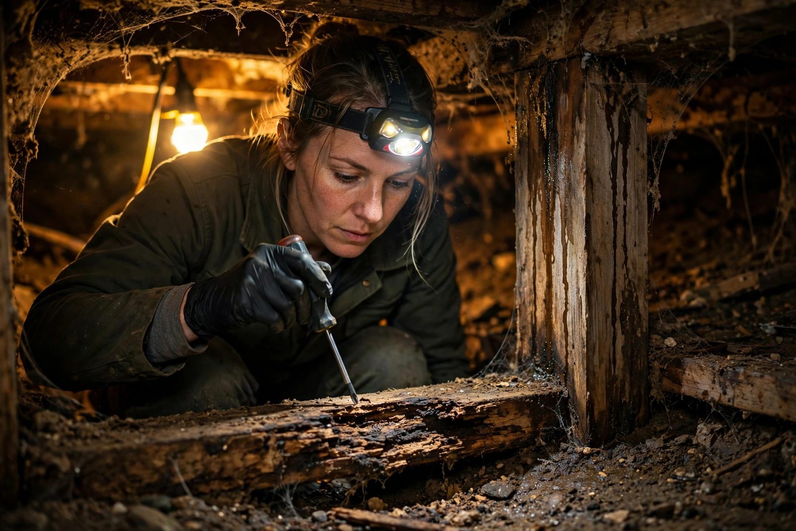Female worker probing a soft, rotted sill plate with a screwdriver in a narrow crawlspace