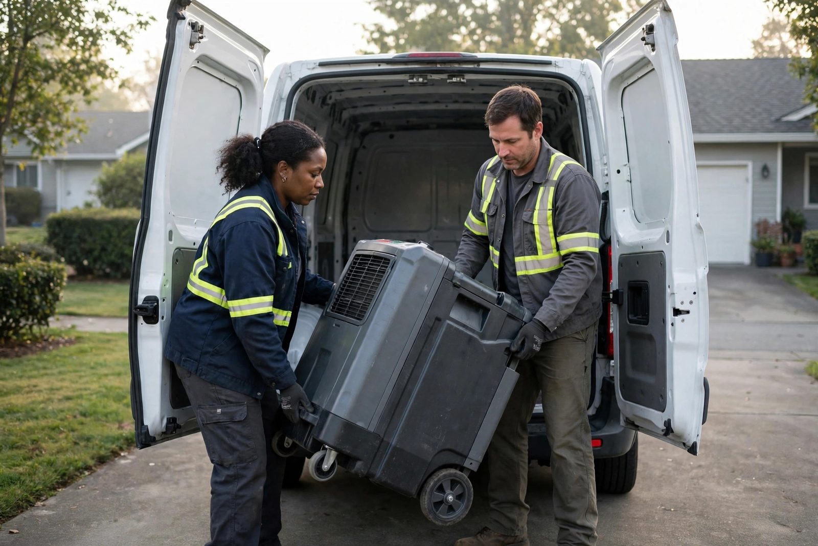 Two crew members loading a dehumidifier into a plain white work van in a suburban driveway