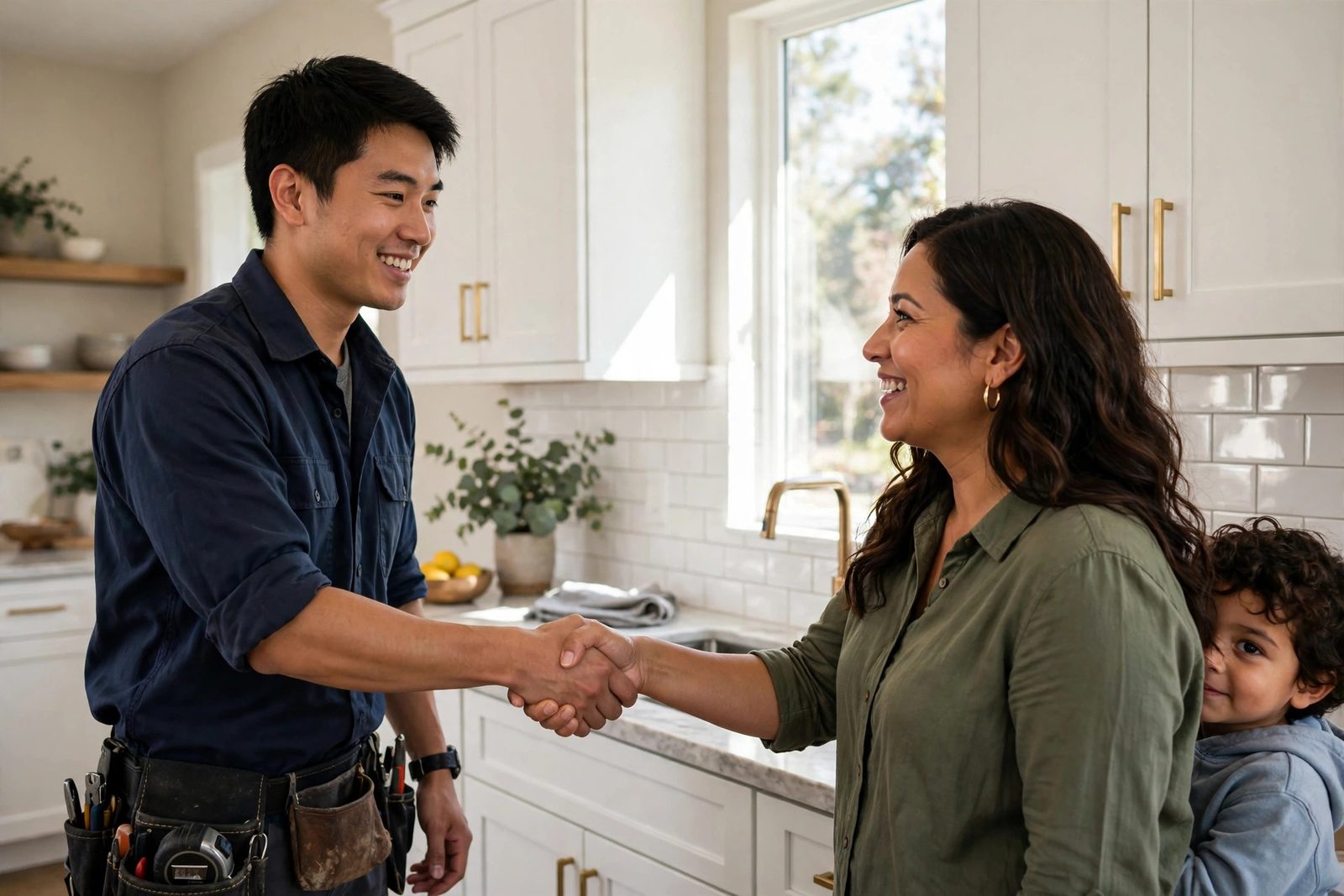 Young technician shaking hands with a smiling homeowner in her newly restored kitchen