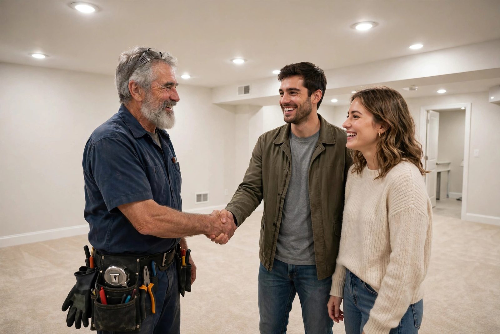 Older technician shaking hands with a young couple in their fully restored basement