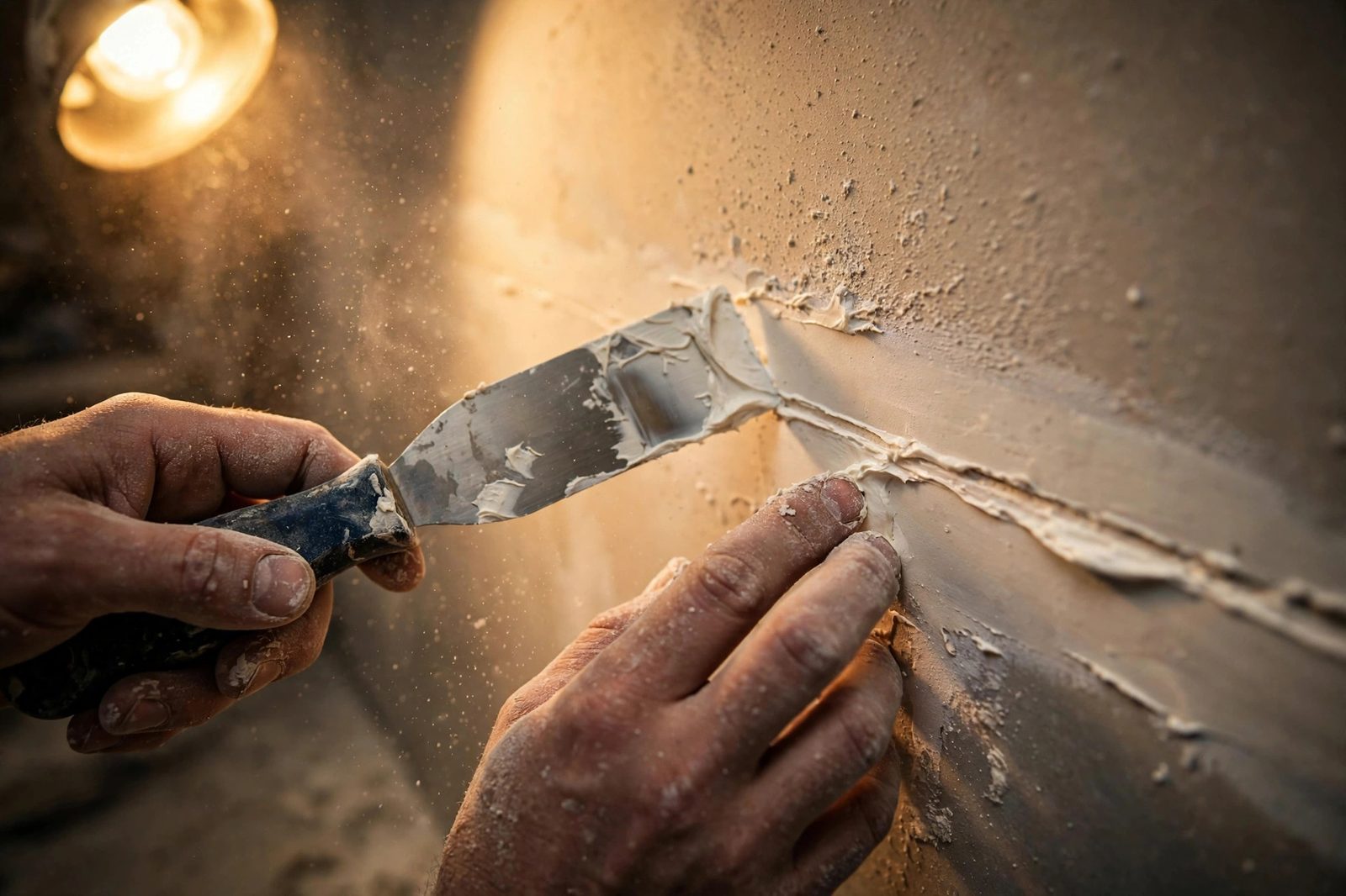Close-up of worker's hands applying joint compound over fresh drywall seams with a taping knife