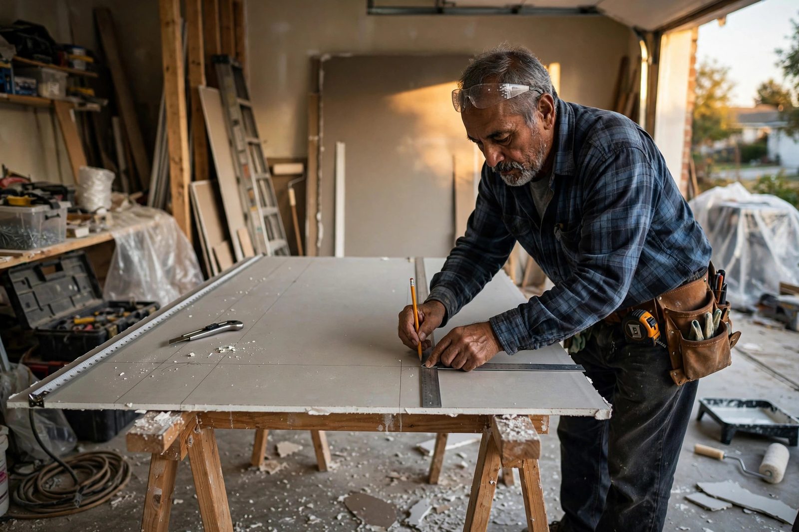 Older Hispanic man measuring and cutting a drywall panel on sawhorses in a garage workshop