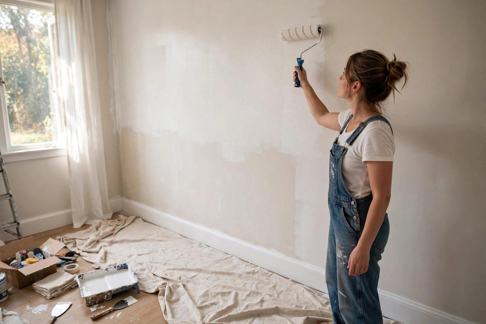 Woman painting a freshly repaired bedroom wall with a paint roller, new baseboards and drop cloth over new flooring