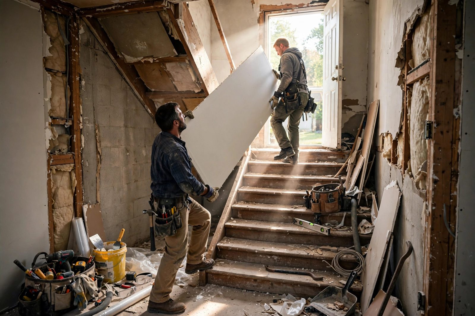 Two workers carrying a long new drywall sheet up basement stairs during a restoration job