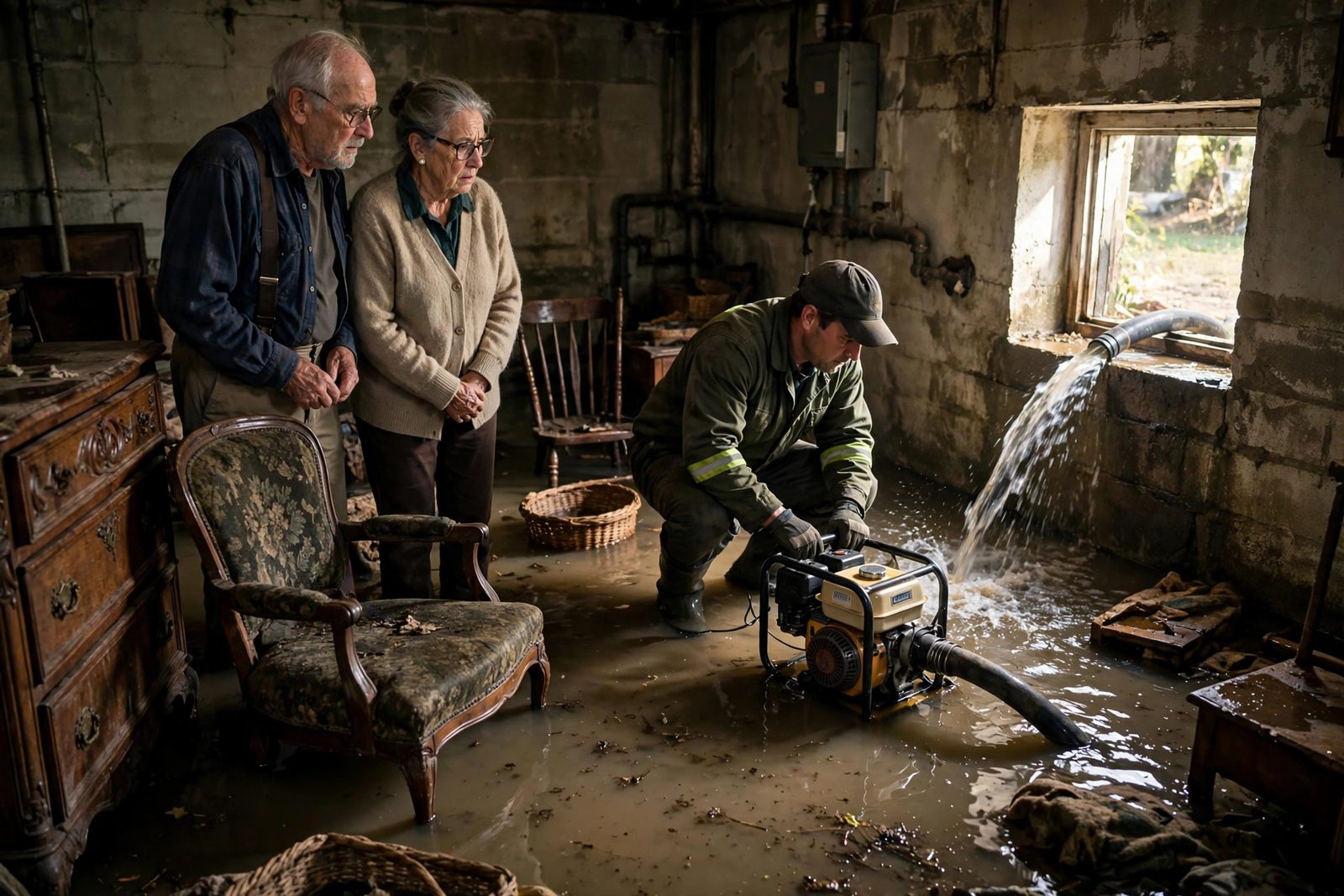 Worker pumping water out a basement window past antique furniture standing in murky water