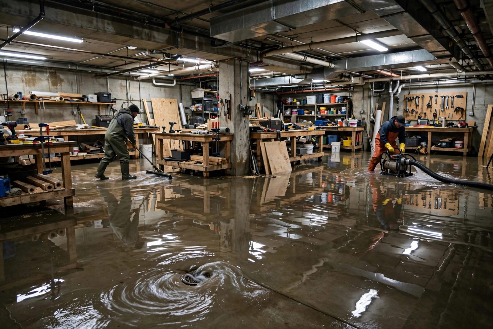 Workers pumping and squeegeeing standing water in a flooded basement workshop