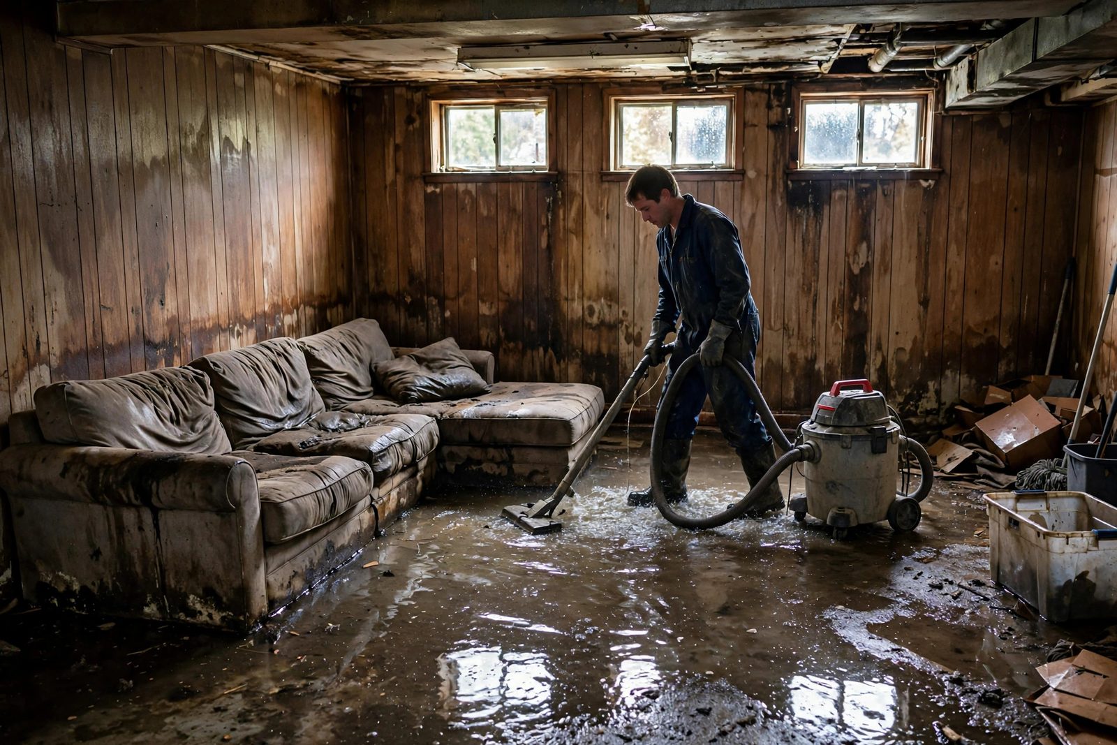 Worker dragging a wet vacuum across a flooded basement rec room with a water-damaged sofa