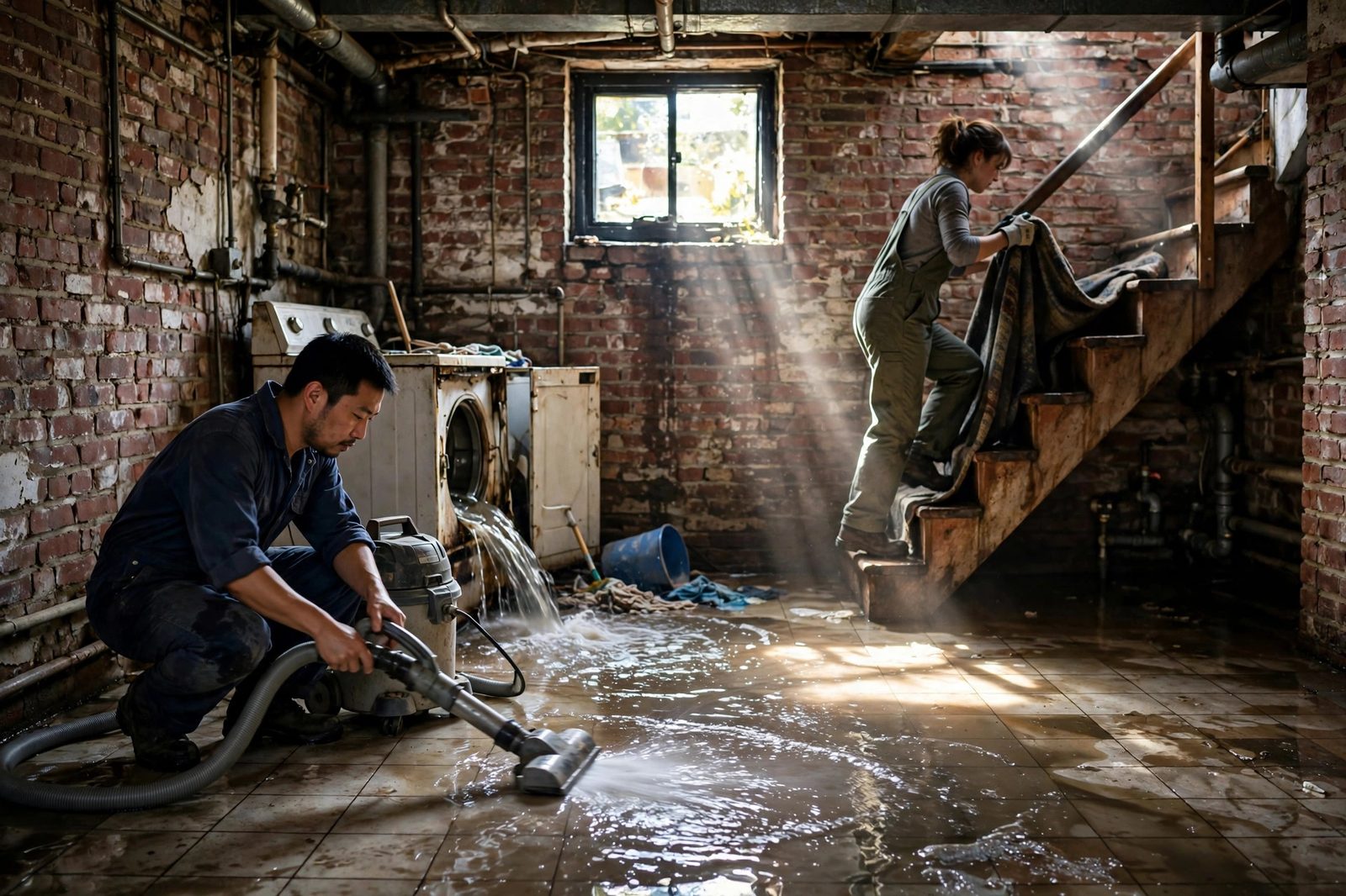 Worker wet-vacuuming standing water in a flooded brick duplex basement laundry room while a coworker hauls a soaked rug upstairs