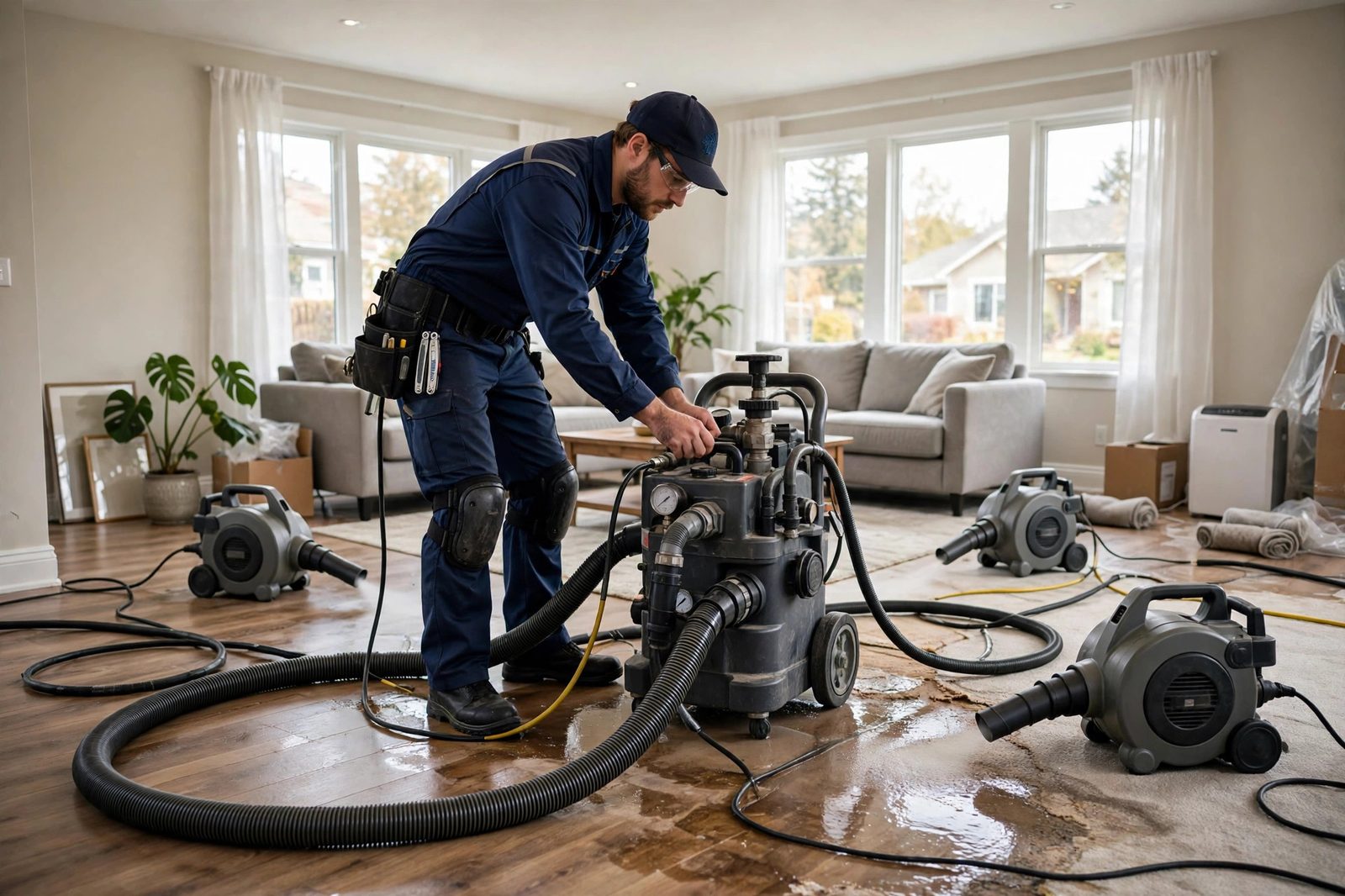 Technician operating water extraction equipment in a home
