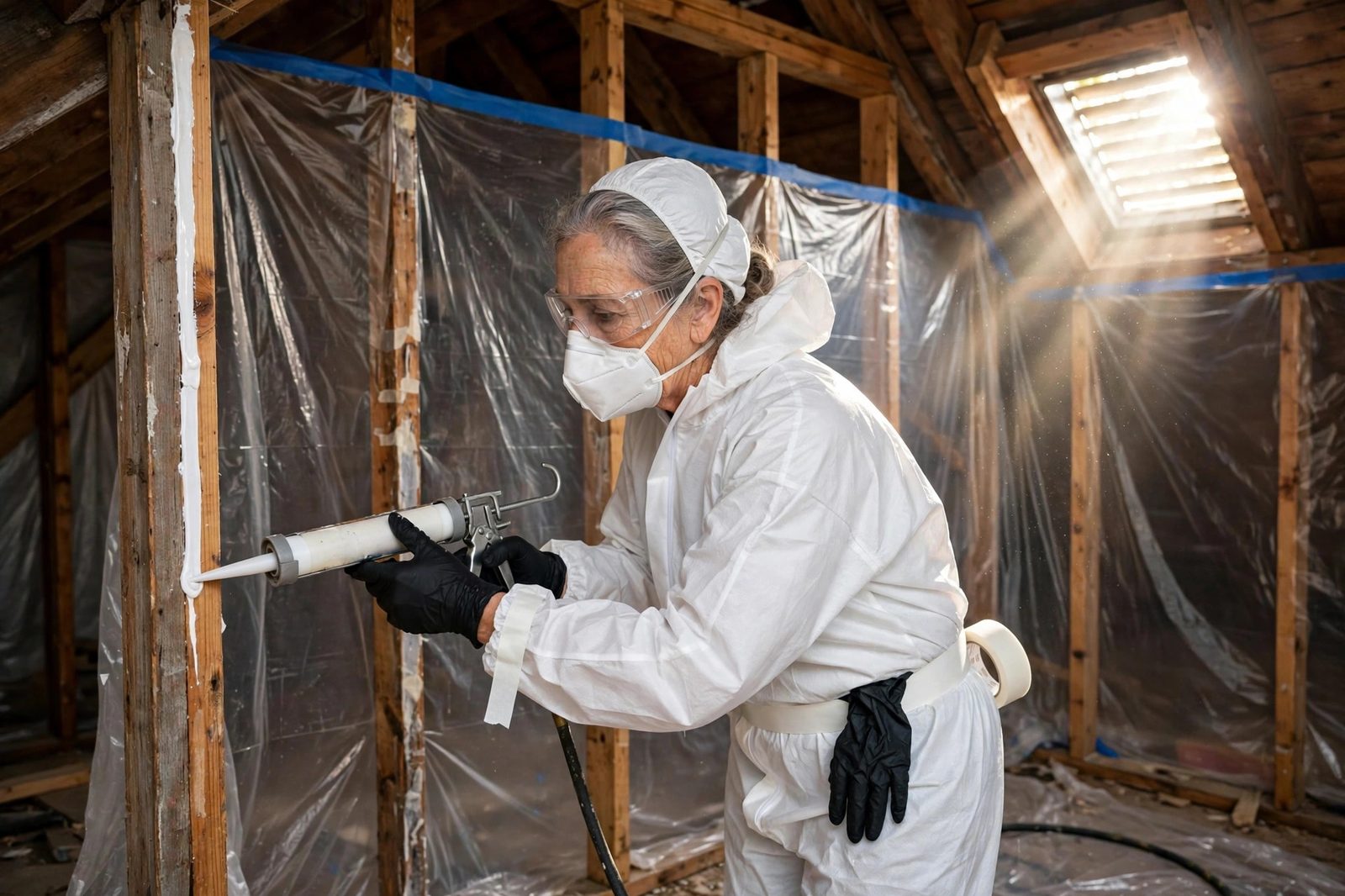 Specialist applying anti-mold sealant to wooden wall studs in an attic after remediation