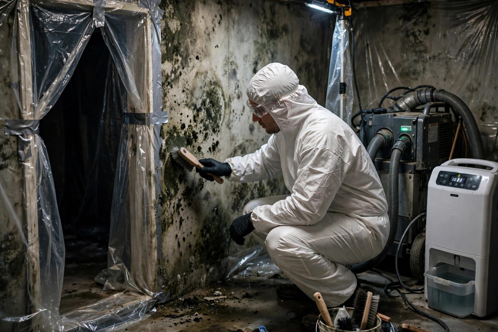 Remediation specialist wire-brushing mold from concrete basement walls