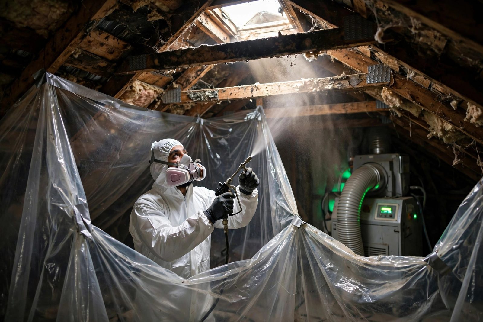 Remediation specialist in a protective suit and respirator treating mold on attic roof trusses behind containment sheeting