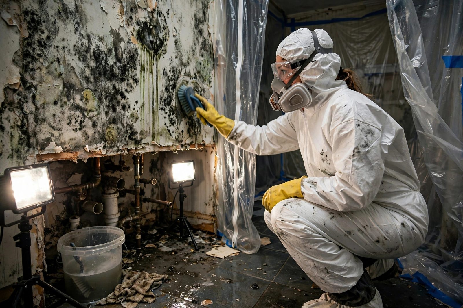 Female mold specialist in protective suit and goggles scrubbing black mold from Cape Cod bathroom drywall with containment sheeting