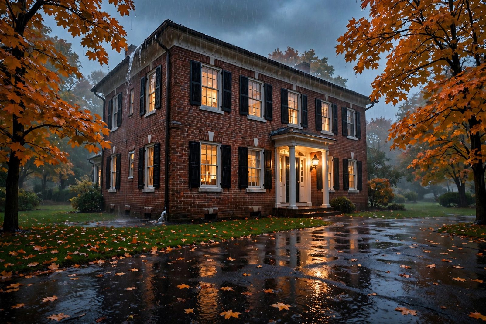 Brick colonial home in the rain on an autumn evening with a wet driveway and glowing porch light