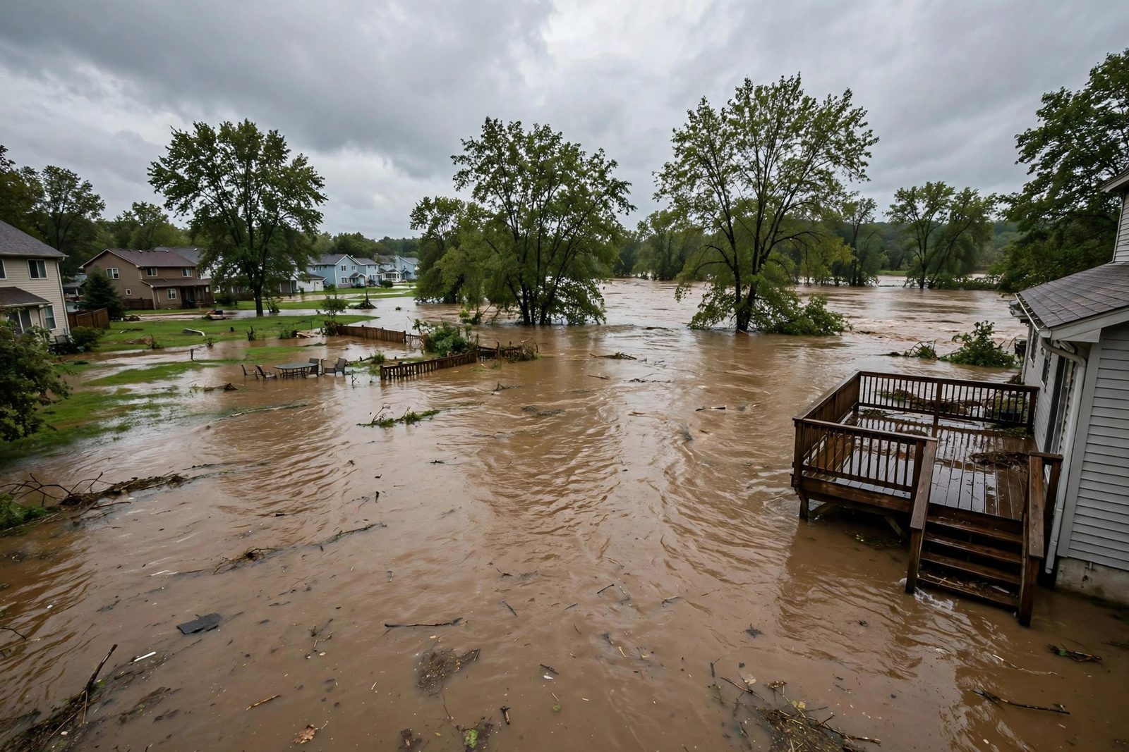 River overflowing its banks with brown floodwater spreading across backyards up to a deck