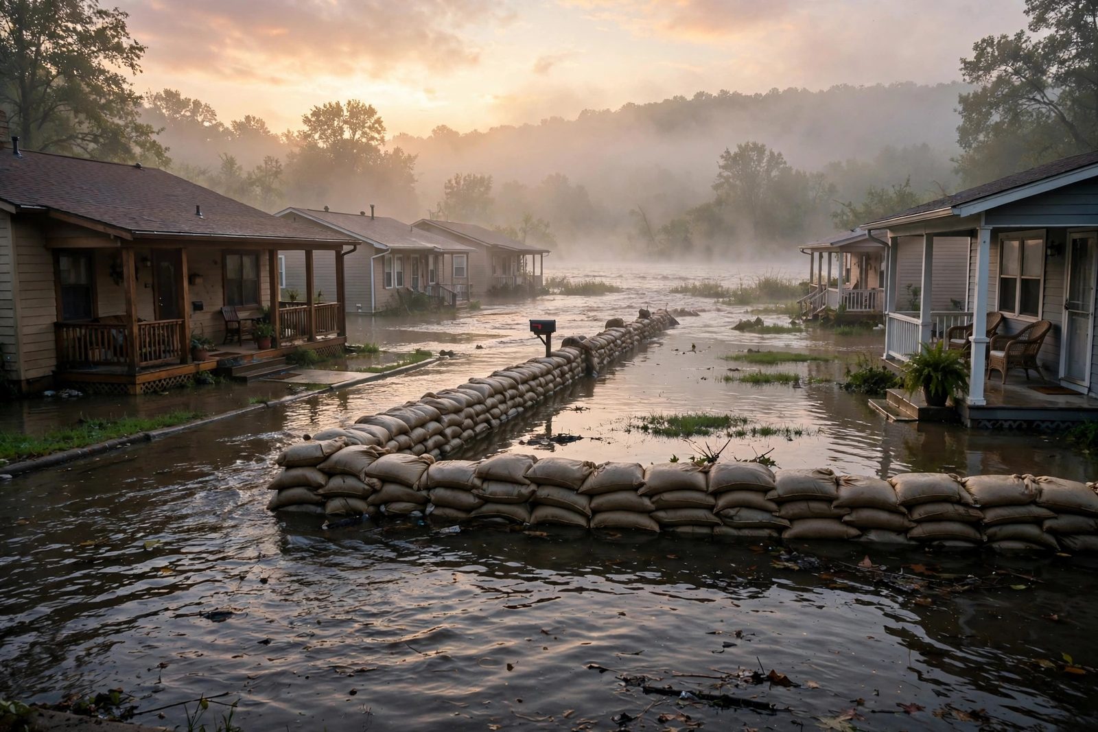 Swollen river at sunrise flooding a riverside neighborhood with water at front porches