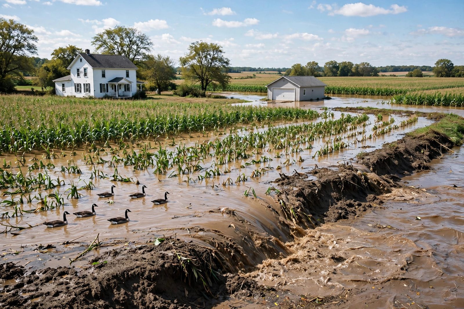 Muddy river overflowing into a cornfield beside a farmhouse with water around a garage