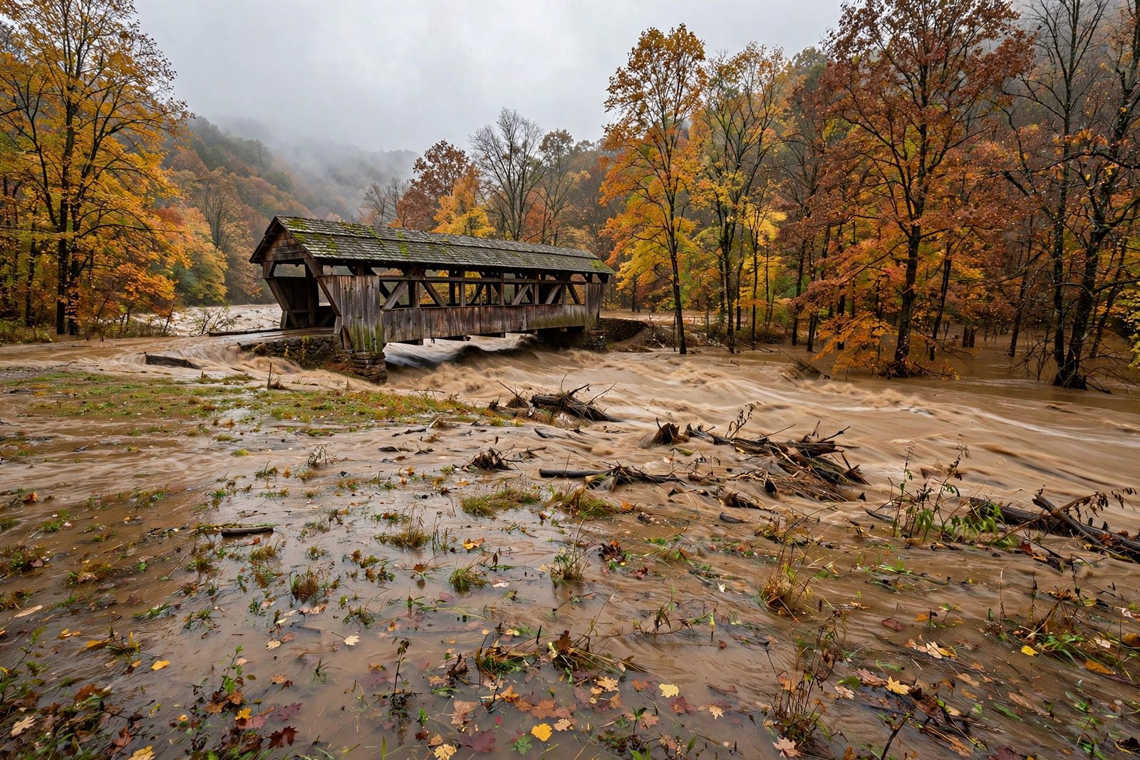 River flooding around a historic covered bridge with brown water rushing over the banks