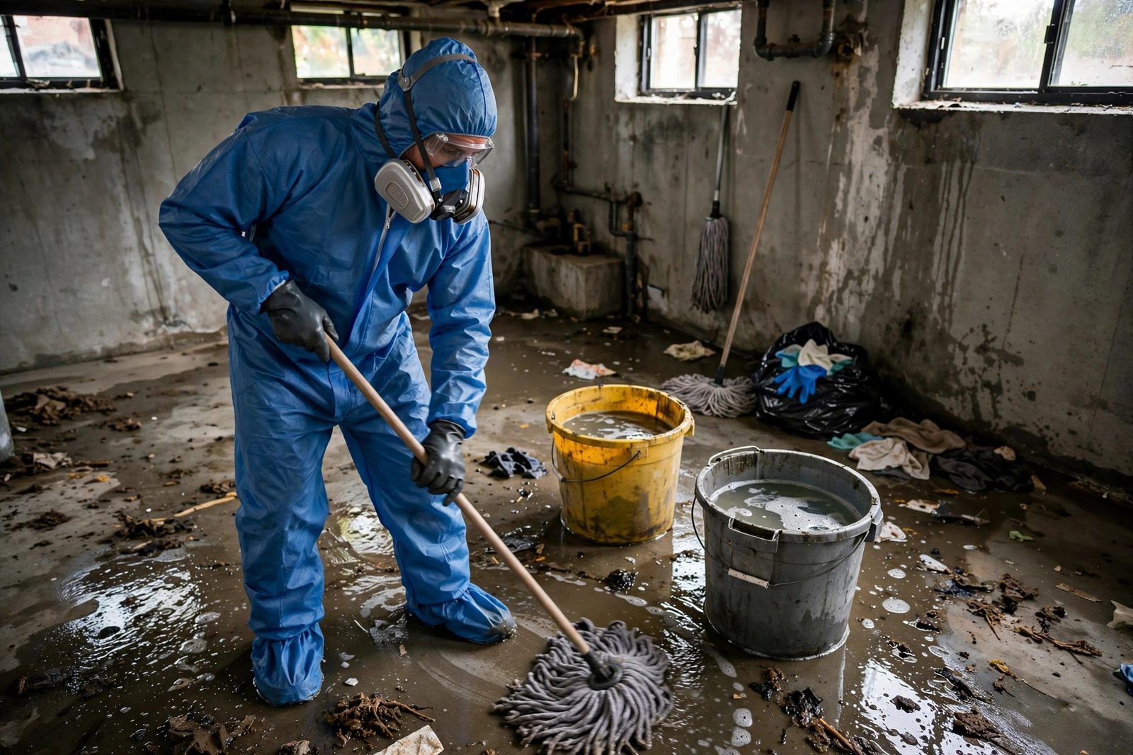 Crew member in a blue hazmat suit mopping a concrete basement floor with industrial disinfectant