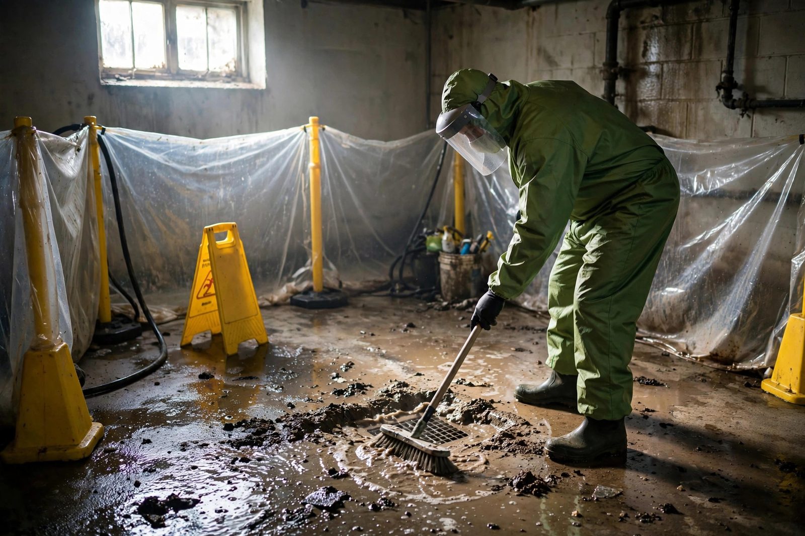 Worker in a green hazmat suit scrubbing a basement drain area after a sewage backup