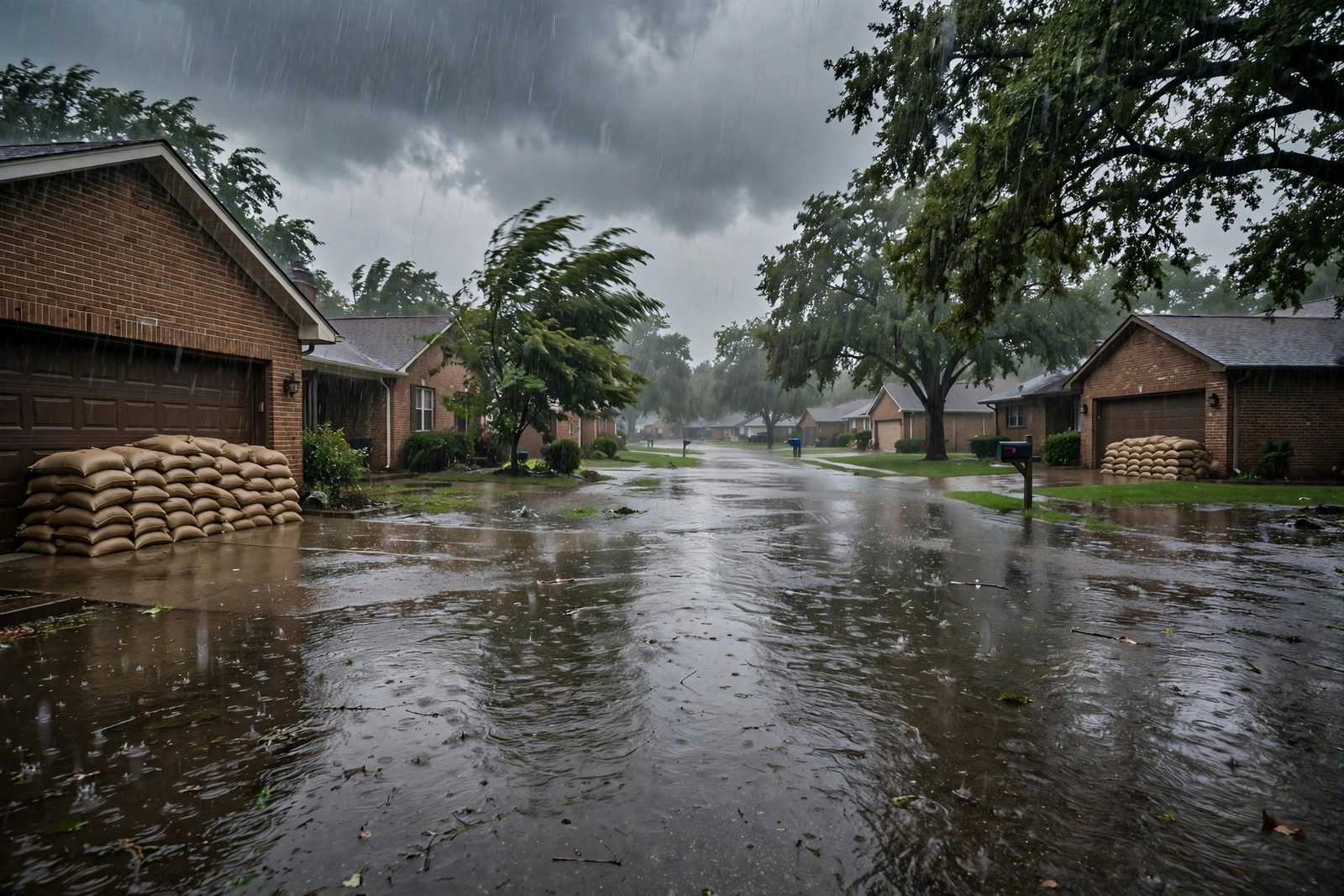 Flooded suburban street in heavy rain with sandbags stacked at brick ranch home garages