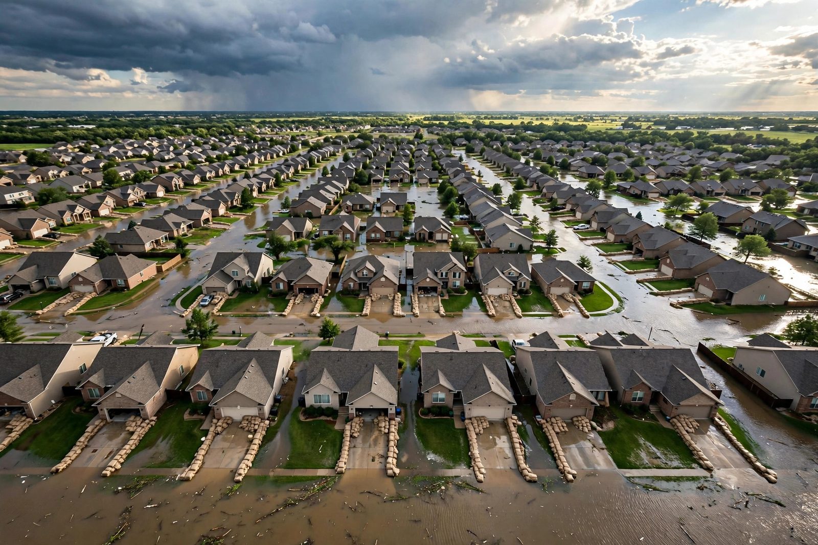 Aerial-style view of a suburban neighborhood with flooded streets and sandbagged garages