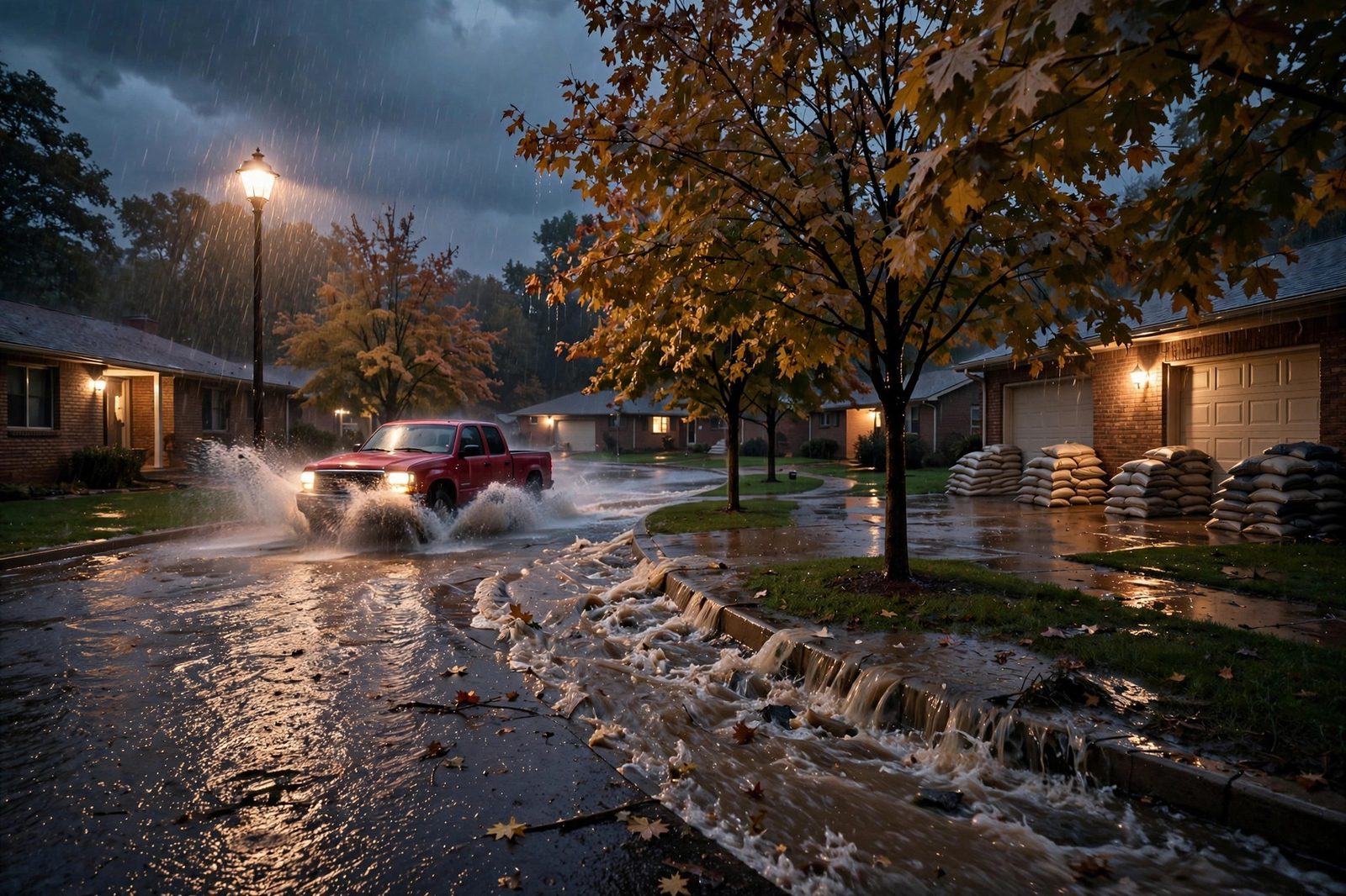 Midwestern suburban cul-de-sac flooding in heavy rain at dusk, sandbags stacked at garage doors of brick ranch homes