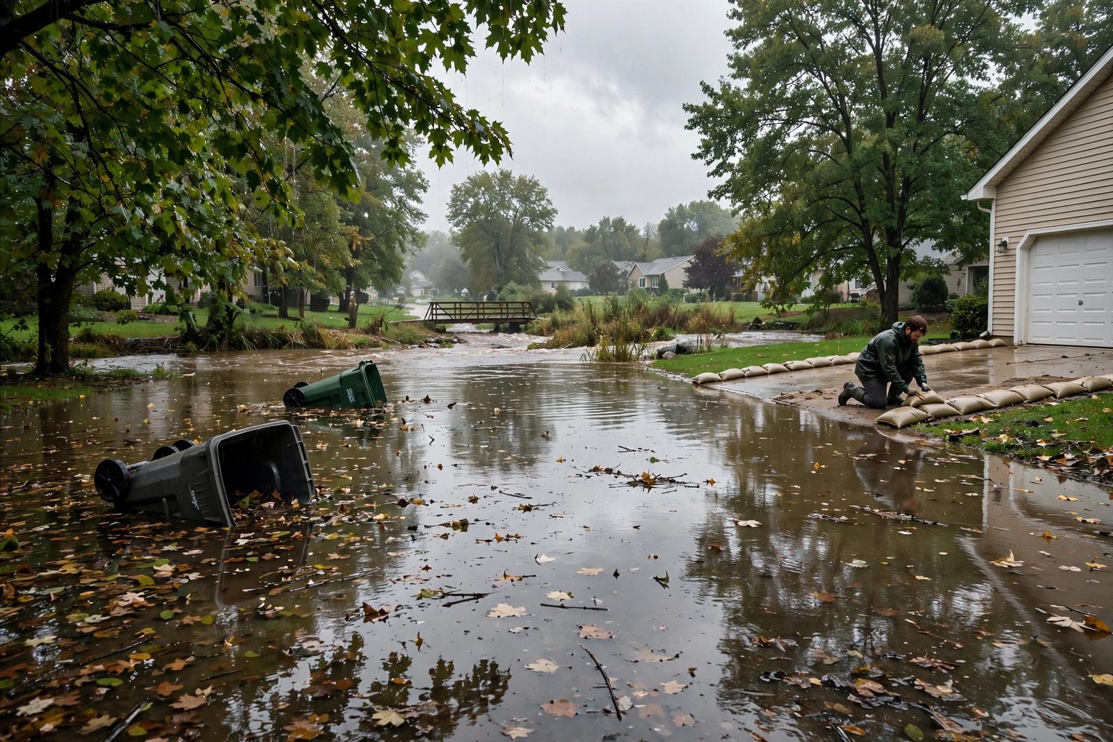 Tree-lined Midwestern suburban street flooded after a storm, homeowner stacking sandbags along a driveway on an overcast morning