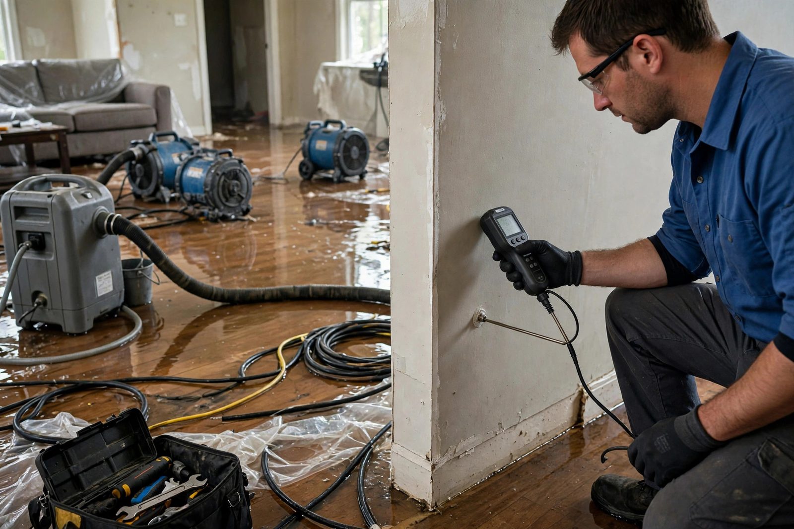 Technician holding a digital moisture meter to wet drywall with air movers and a dehumidifier running