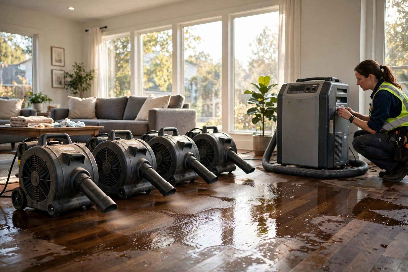 Industrial air movers aimed at wet hardwood floors in a sunlit family room