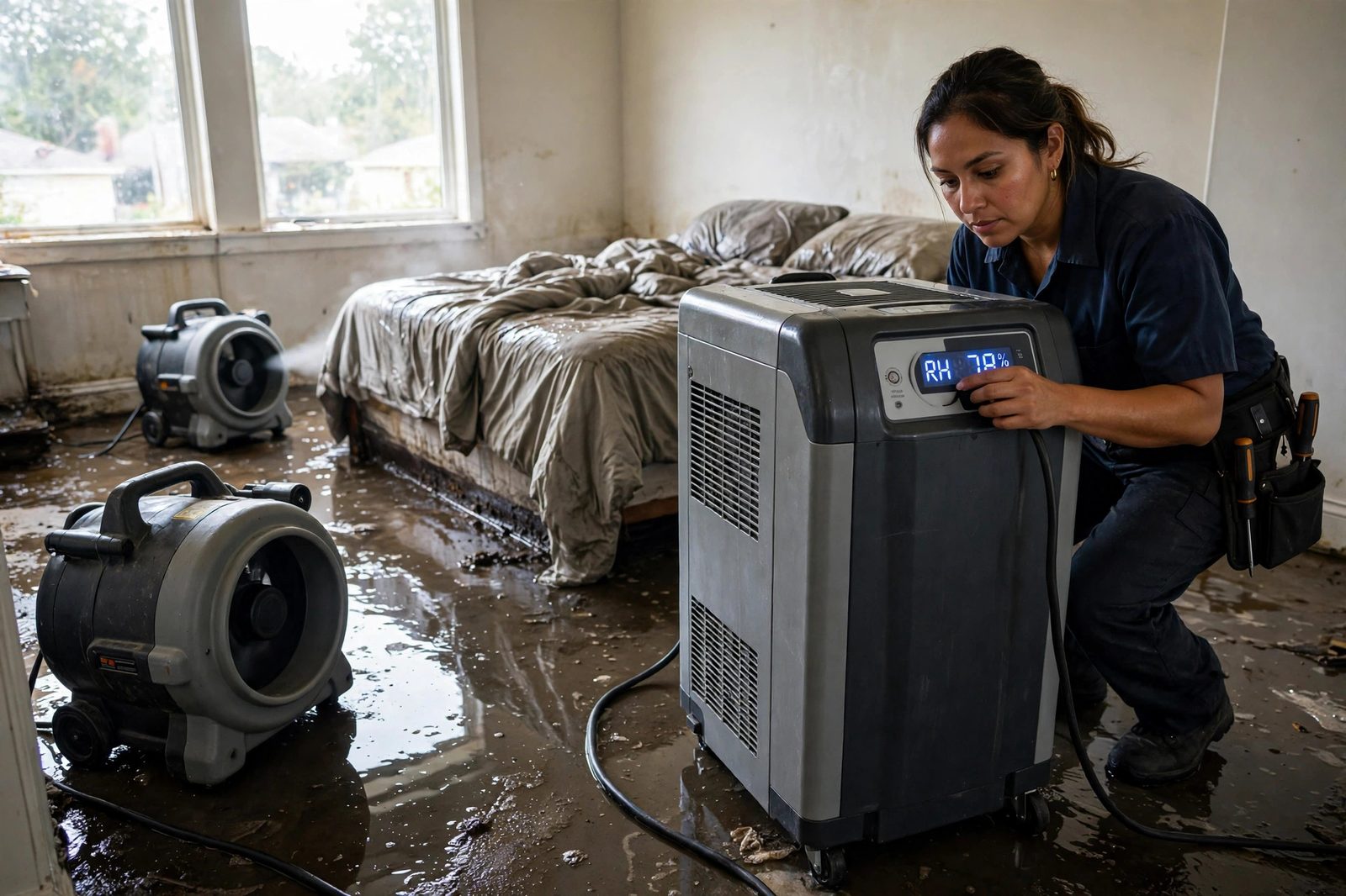Technician checking the humidity reading on a commercial dehumidifier in a flooded bedroom
