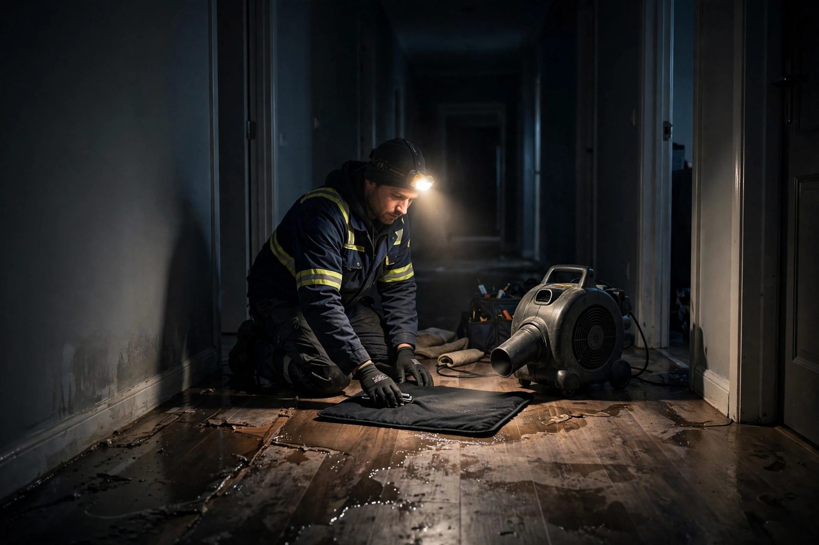 Technician positioning a floor-drying mat and air mover in a dark hallway at night