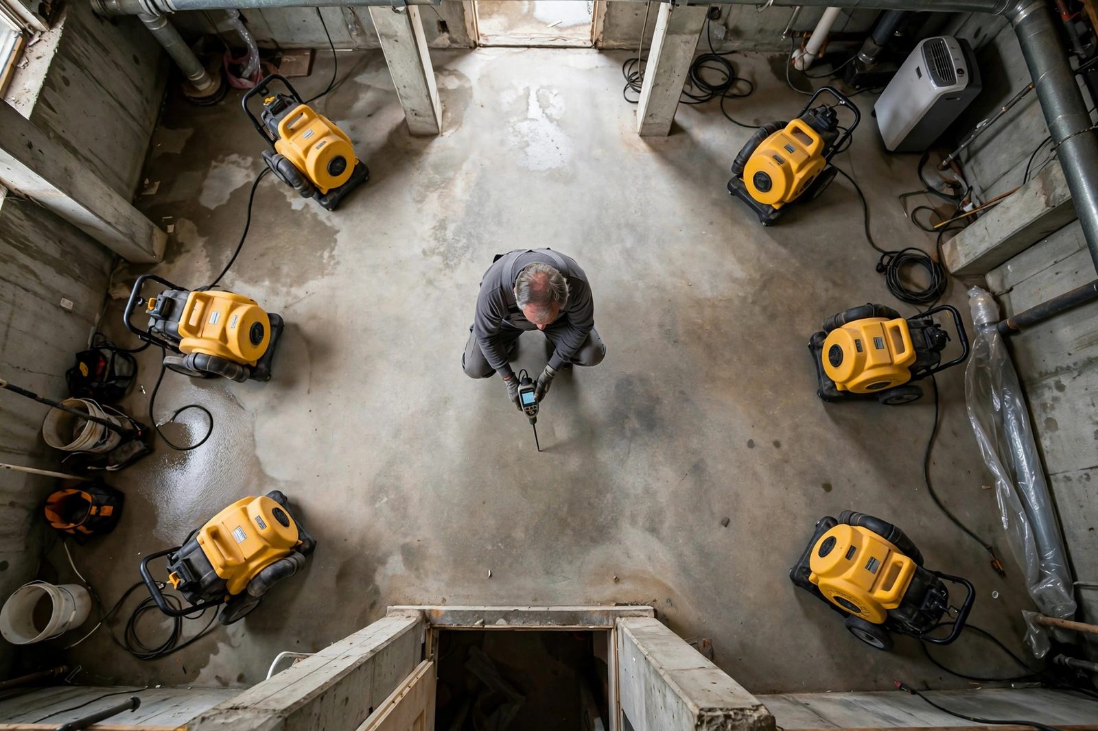 Overhead view of a technician taking moisture readings in a large basement with six air movers