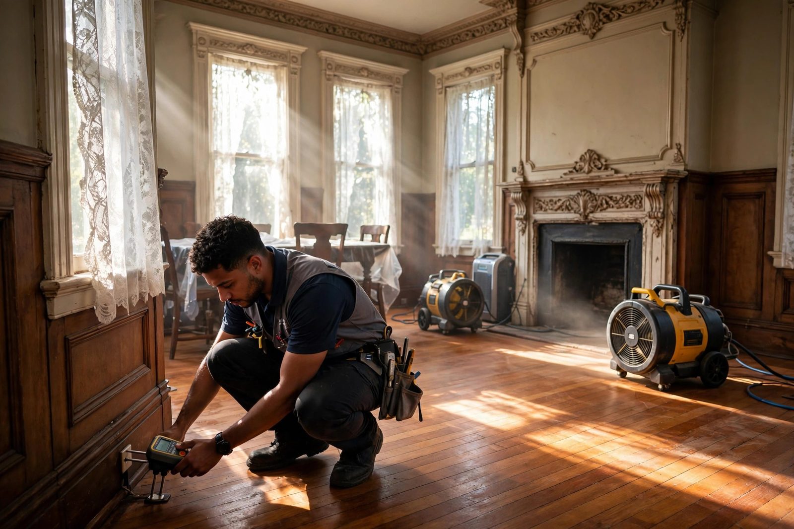 Young Latino technician checking a pin-type moisture meter on a Victorian dining room baseboard while air movers dry the hardwood floors