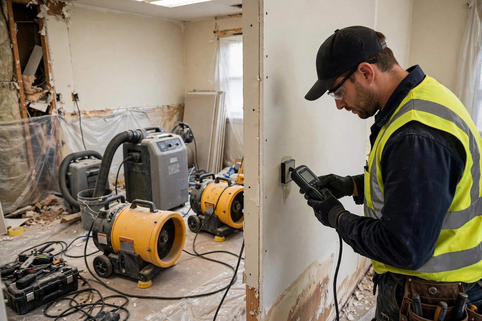 Technician with moisture meter drying a room
