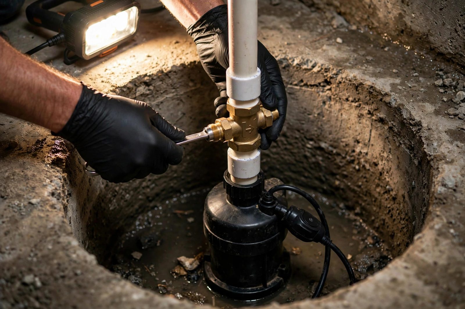 Technician's gloved hands installing a new sump pump in a concrete basement pit with check valve and PVC discharge pipe