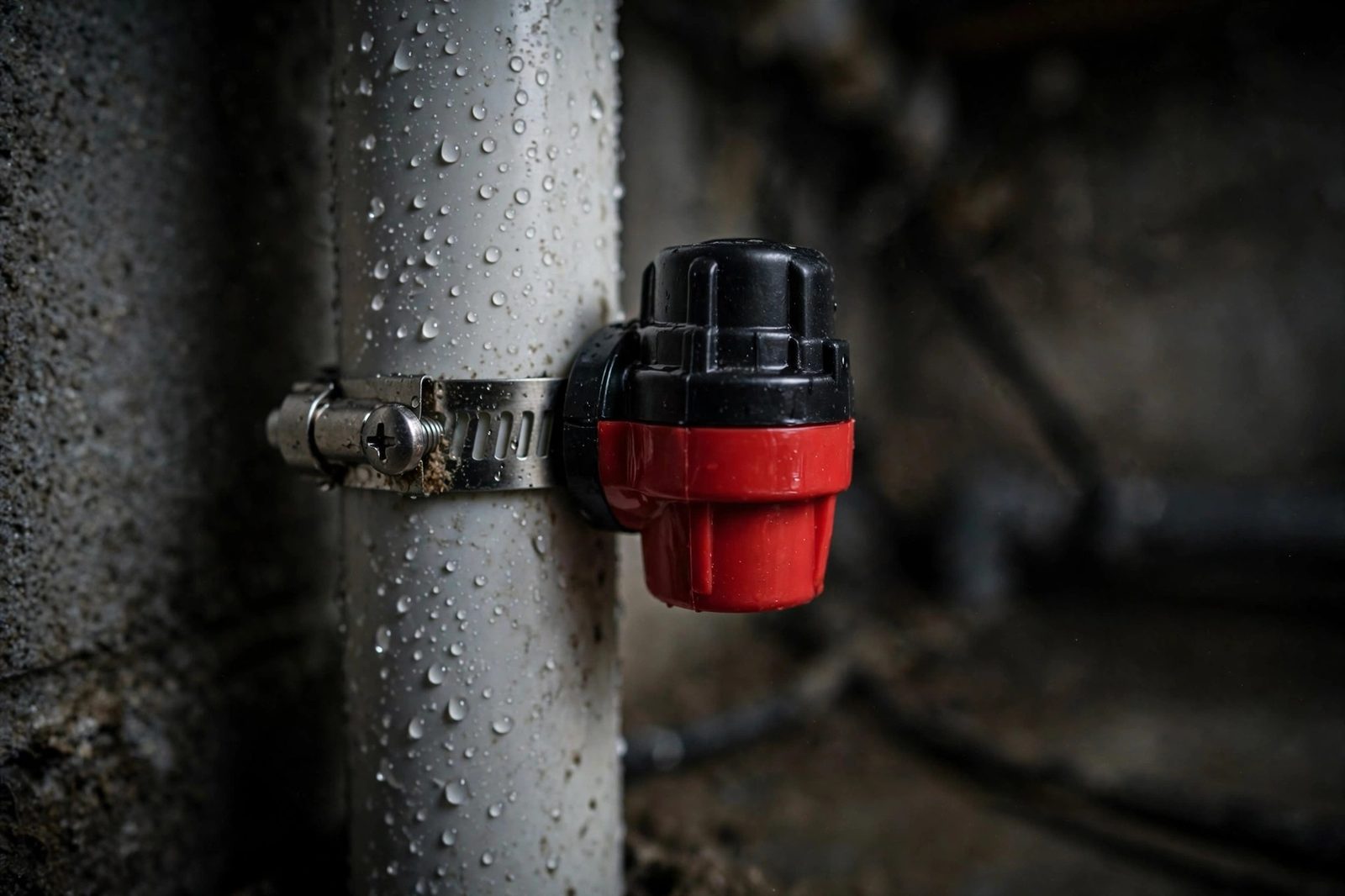 Close-up of a check valve clamped onto a vertical PVC sump pump discharge pipe with water droplets in a dim basement