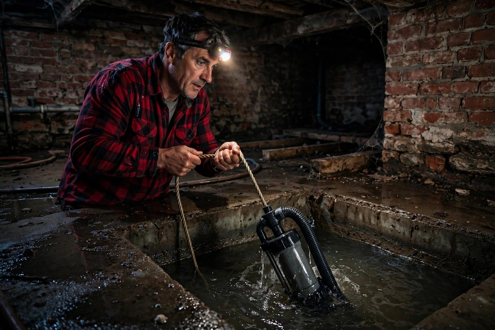 Man in a flannel shirt lifting a submersible sump pump by rope from a flooded basement pit by headlamp light
